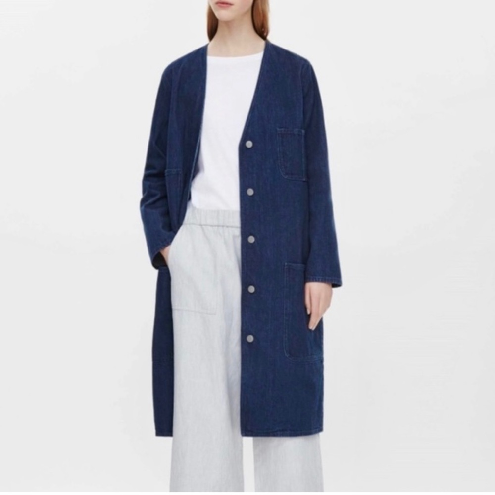 Cos V- Neck Button Down Long Denim Coat Pockets Relaxed Fit Lagenlook Size 2